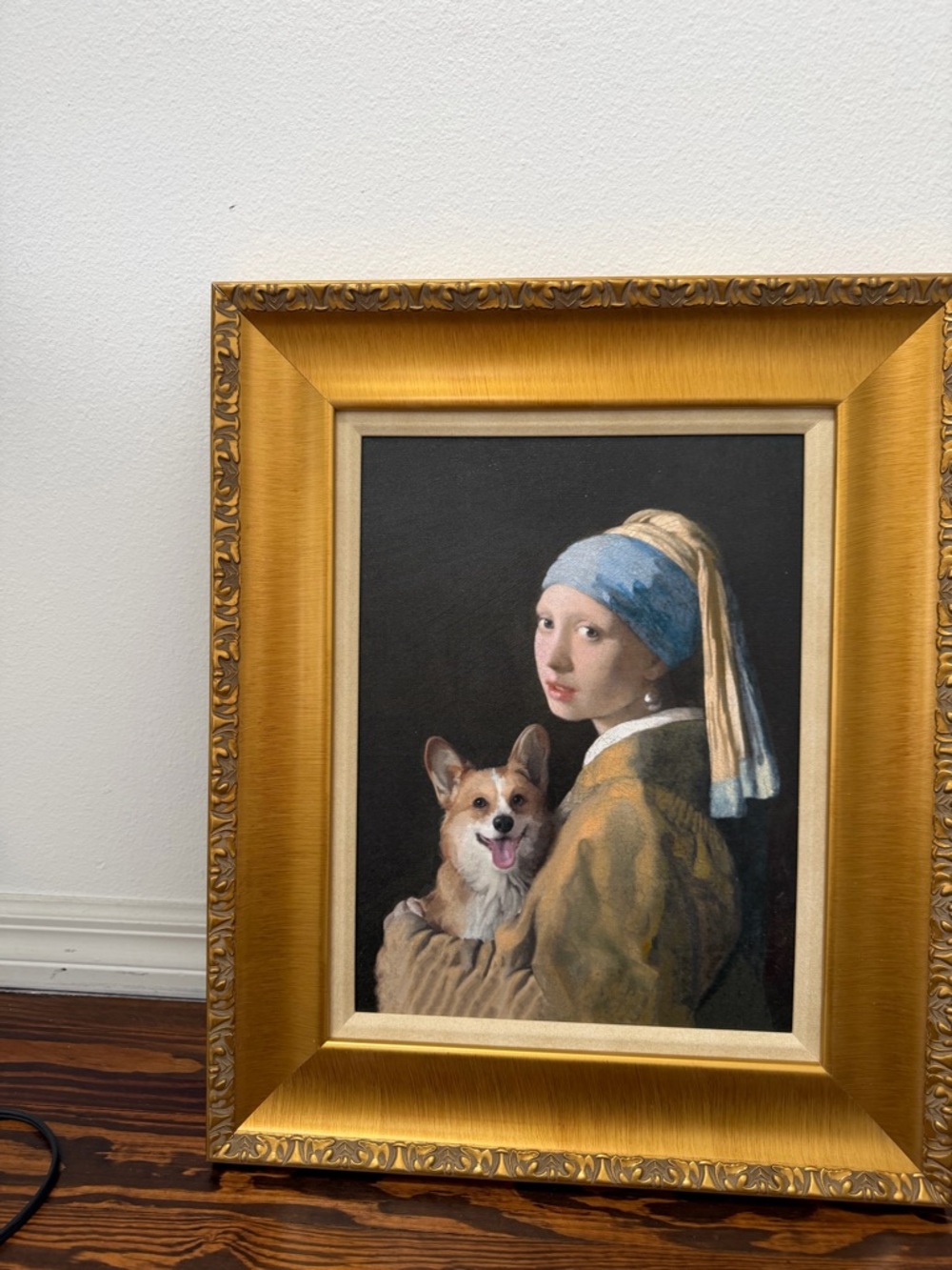 Framed 'Girl with a Pearl Earring' Style Oil Painting with Corgi - Gold Frame - Picture 12 of 16